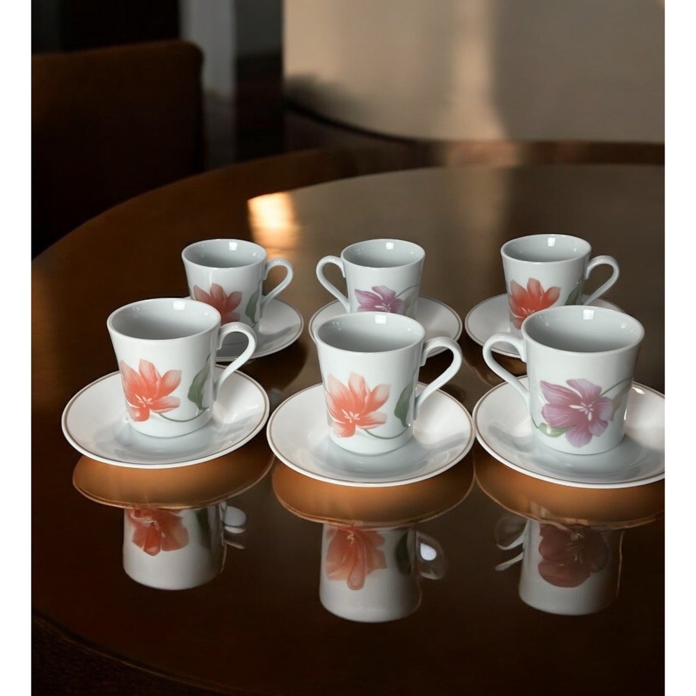 Vintage Corelle Pacifica Cups & Saucers Set of 8 Floral Demitasse Retired